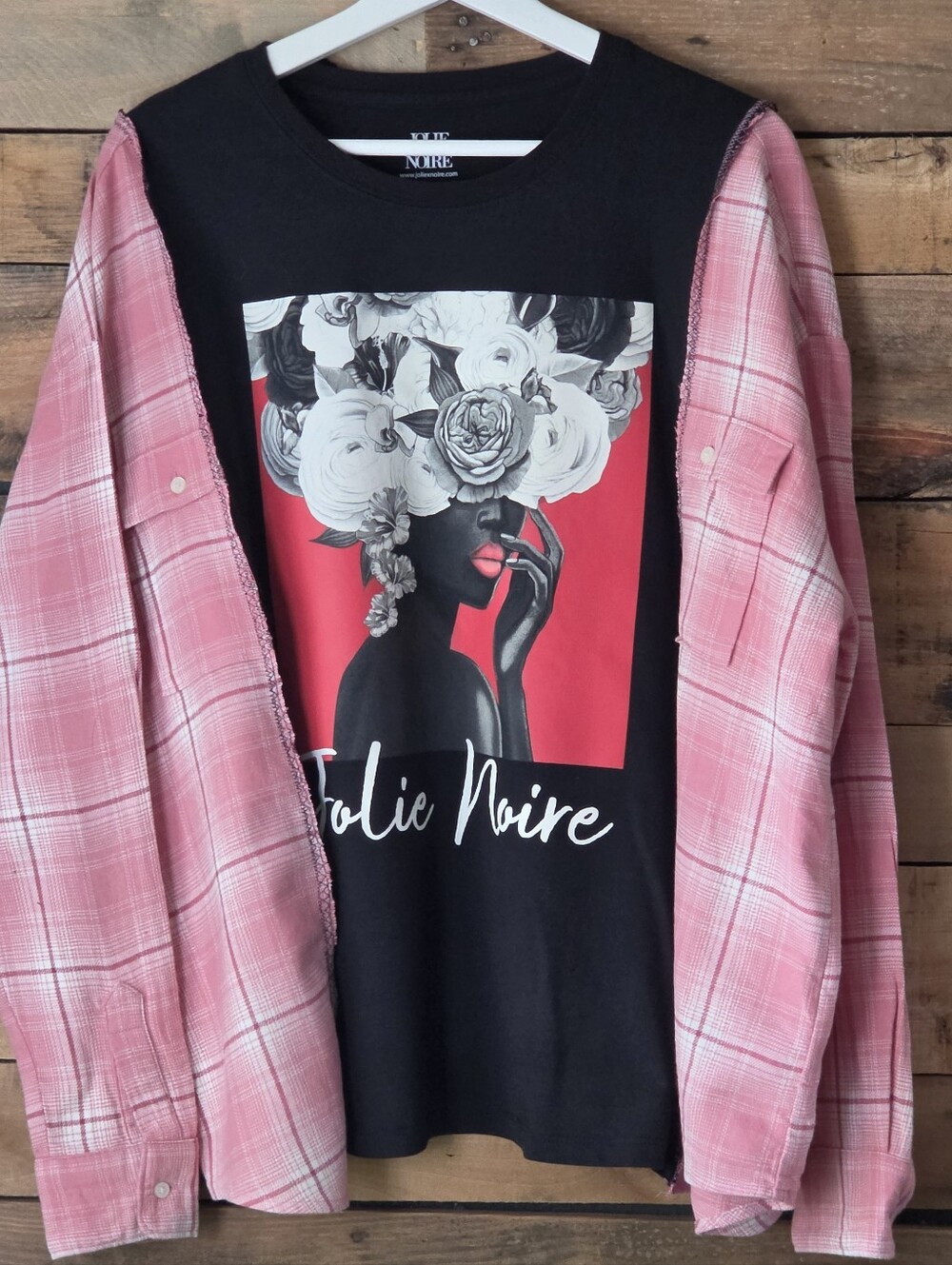 Upcycled Graphic Black Tee Julie Noire with Pink Plaid Sleeve Detail